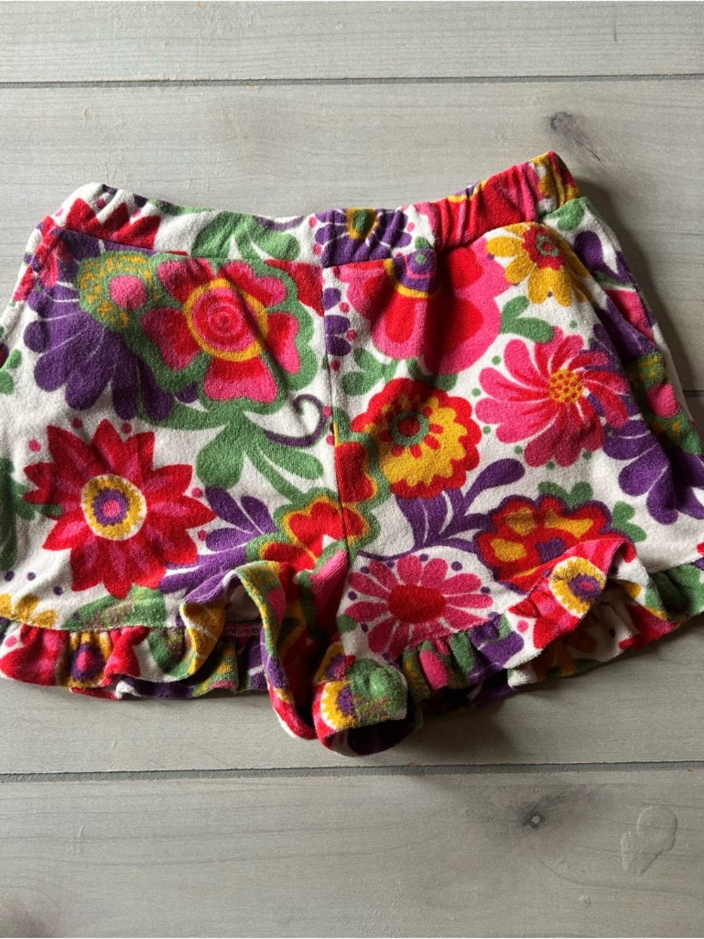 Mini Boden Floral Ruffle Towelling Terry Cotton Elastic Waist Shorts
